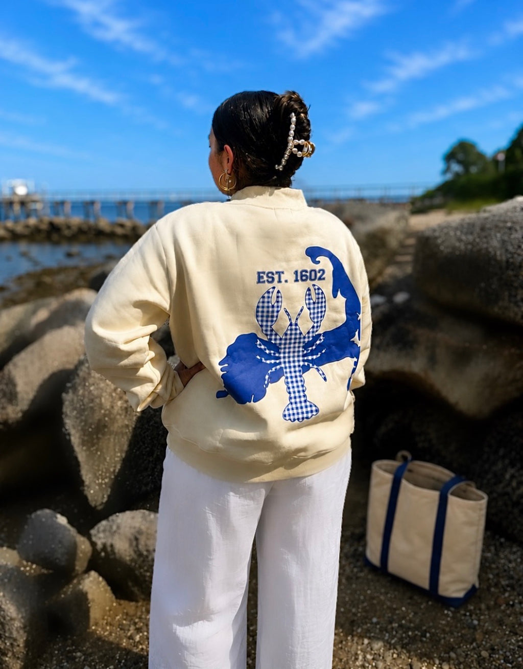 Coastal Blue on Apricot Mockneck
