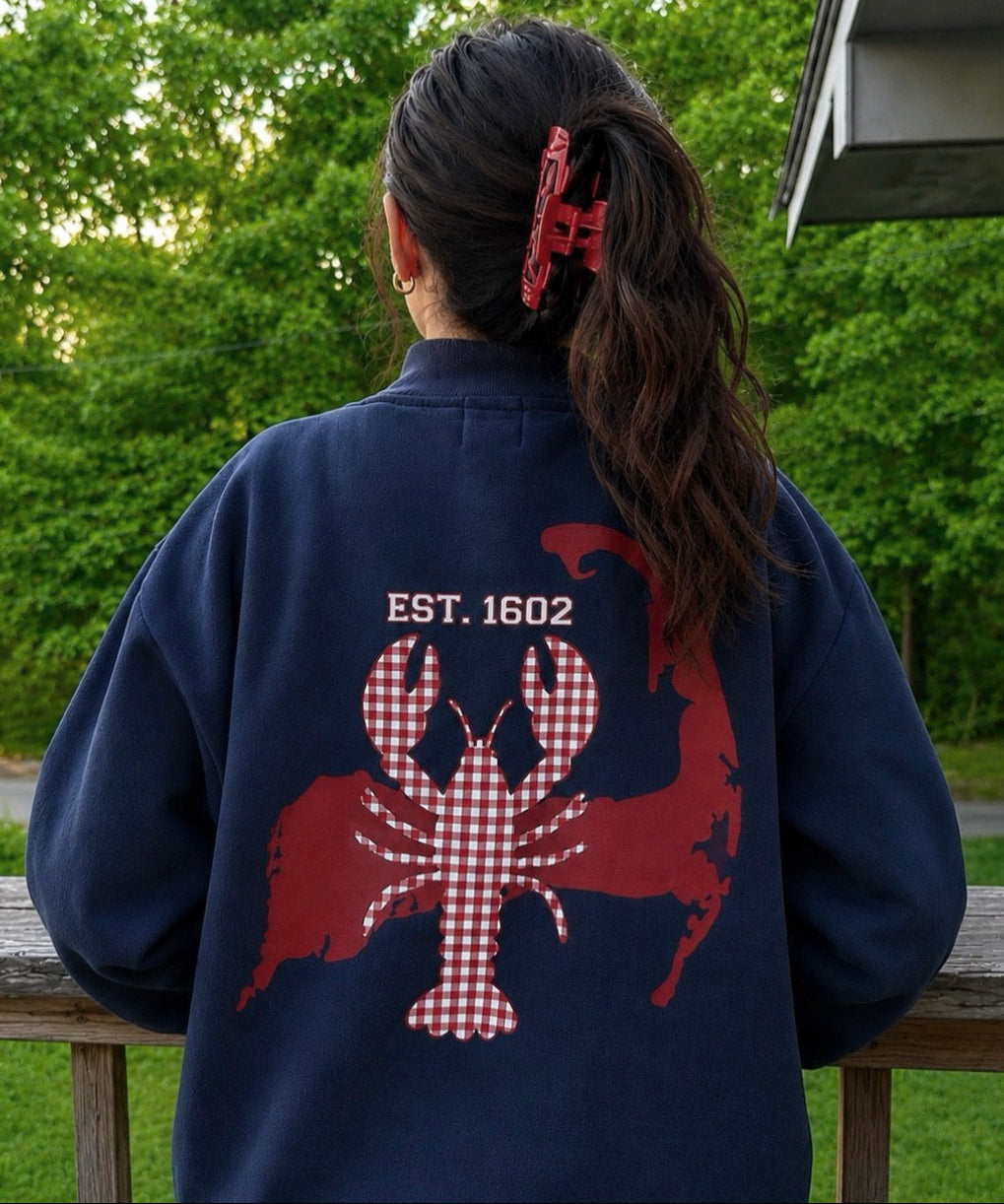 Lobster Red on Navy Mockneck